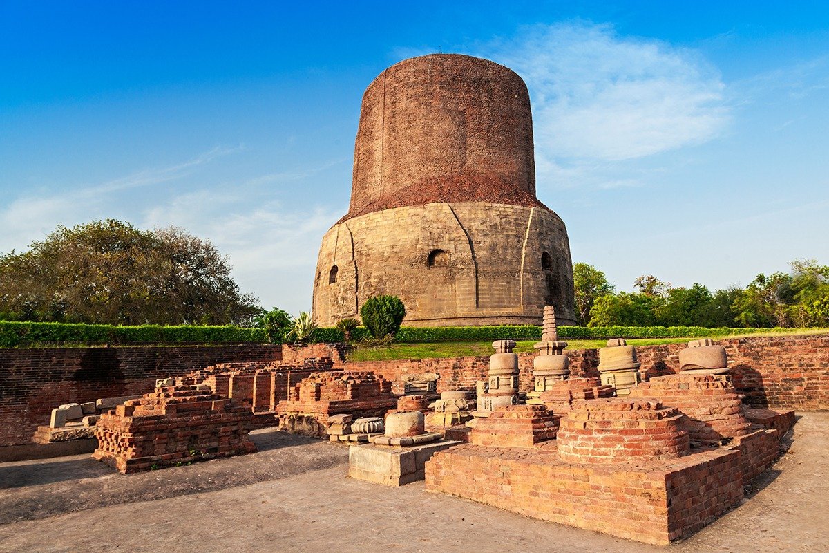 Dhamek Stupa at Sarnath — the cylindrical brick stupa where Buddha delivered his first sermon